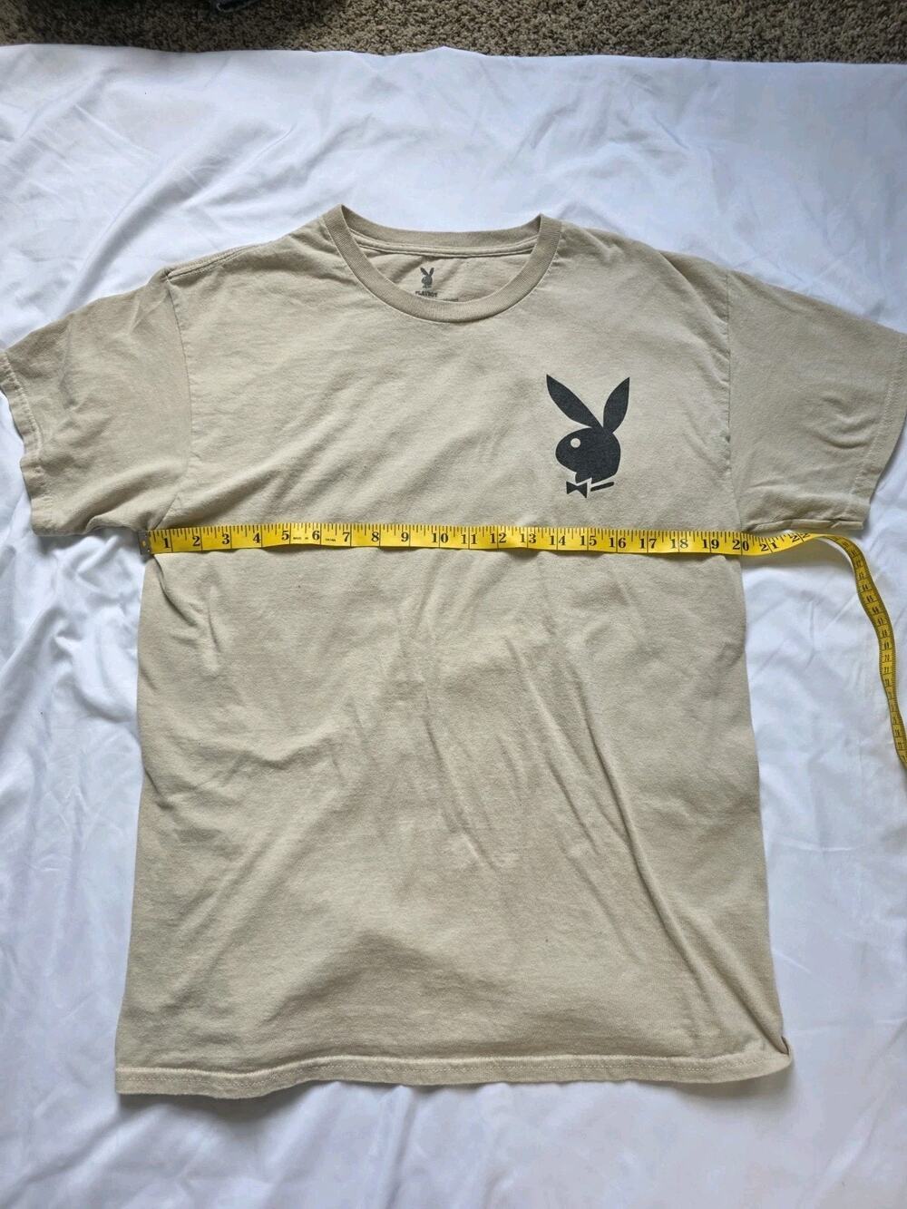 Playboy Logo shirt Beige Black Large Mens Playgirl Athletic Short Sleve 90s